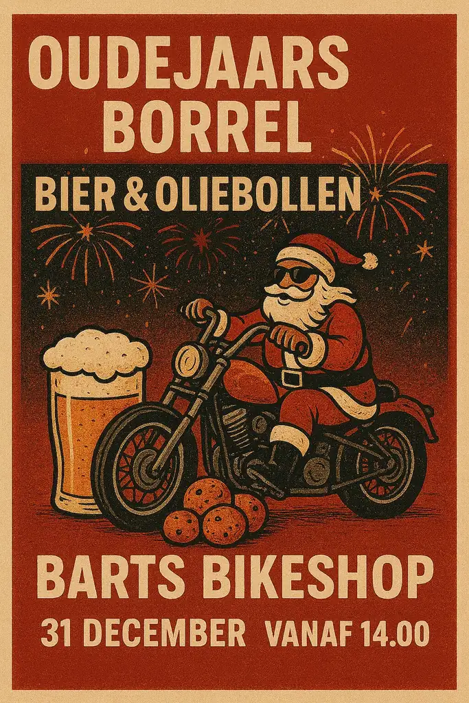 Poster voor de oudejaarsborrel bij Barts Bikeshop met bier en oliebollen, 31 december vanaf 14.00
