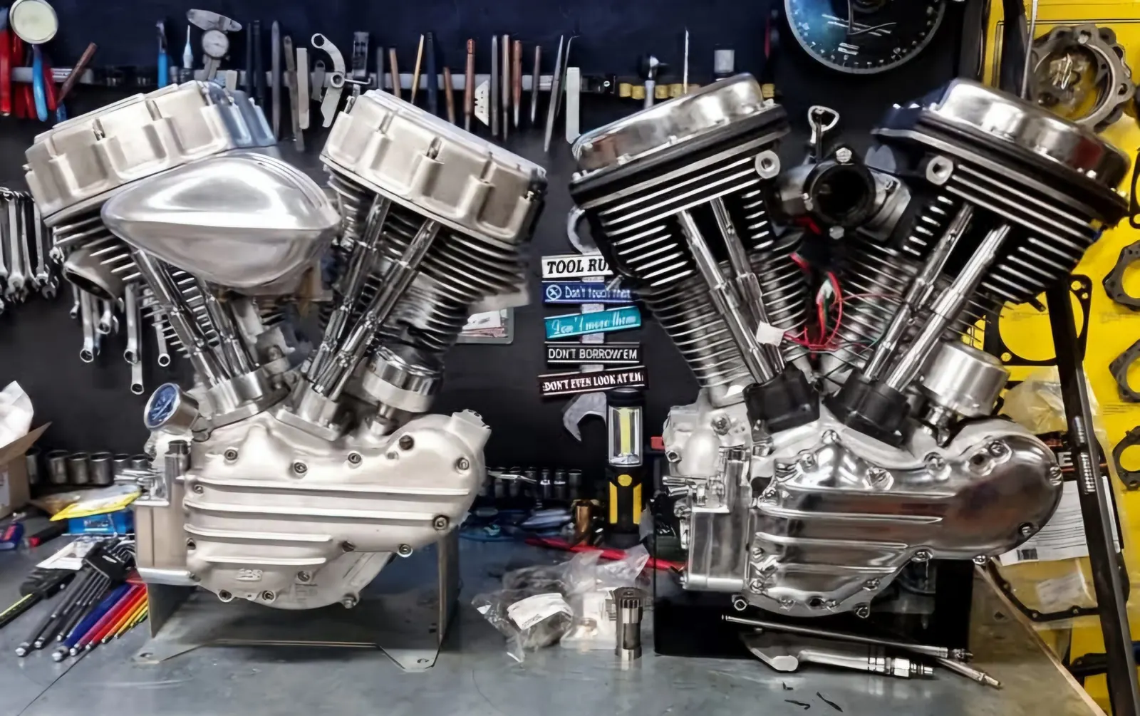 Twee opgebouwde Harley-motorblokken naast elkaar op de werkbank